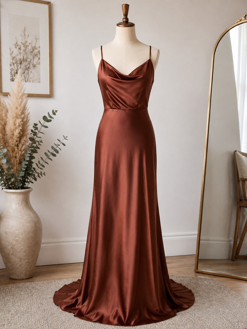 Satin Bridesmaid Dress Copper Brown Cowl Neck Maxi Formal Gown Revelry Size 8